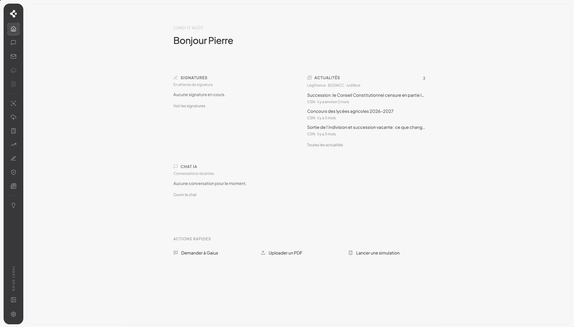 Tableau de bord Gaius Legal : signatures en attente, actualités juridiques, conversations et actions rapides